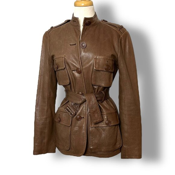 Max Studio Brown Leather Jacket, Belted Nero Collarless Pockets Lined Hip Length - Picture 2 of 11